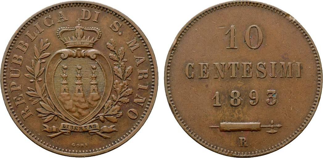 SAN MARINO 10 Centesimi 1893 R Republik. Kl. Randdelle, VF+ SAN MARINO 10 Centesimi 1893 R Republik. Kl. Randdelle, VF+
