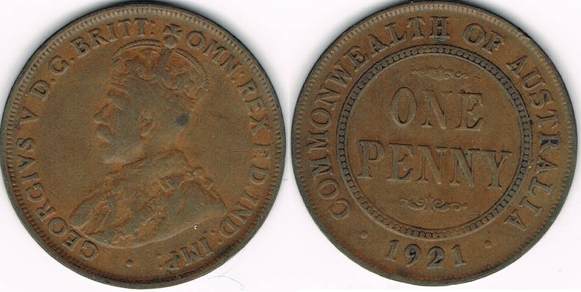 AUSTRALIA 1921 VF ONE PENNY COIN
