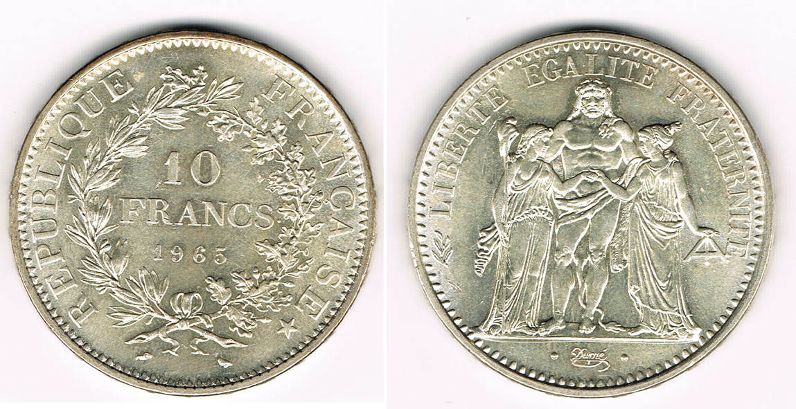 FRANCE 1965 SILVER 10 FRANCS IN NEAR MINT CONDITION 
