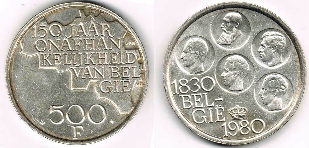 18% 1980 Belgium 500 Francs Dutch Text Belgie Independence KM# 162 Silver Coin 