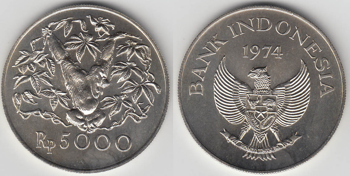 Indonesien 5000 Rupiah 1974 indonesia, silver coin, orangutan