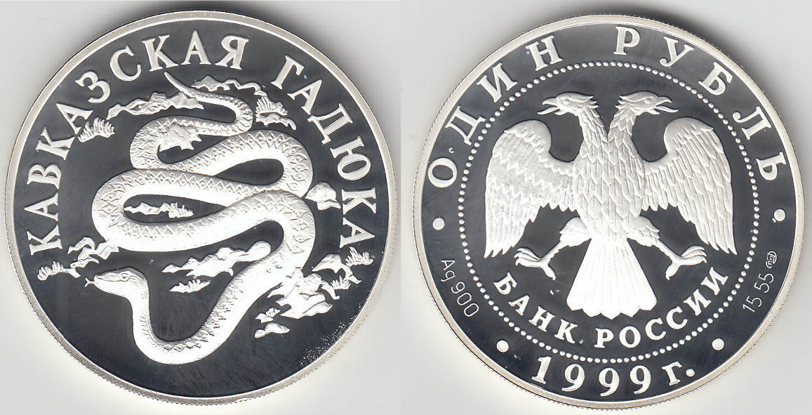 Russland 1 Rubel 1999 russia, 1 rouble silber, 1/2 ounce fine silver, snake, like scan Proof | MA-Shops