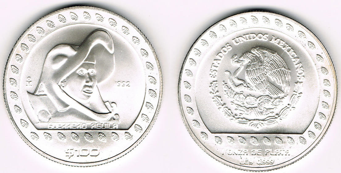 100 pesos 1992 mexico mexico, 1 ounce fine silver, eagle warrior