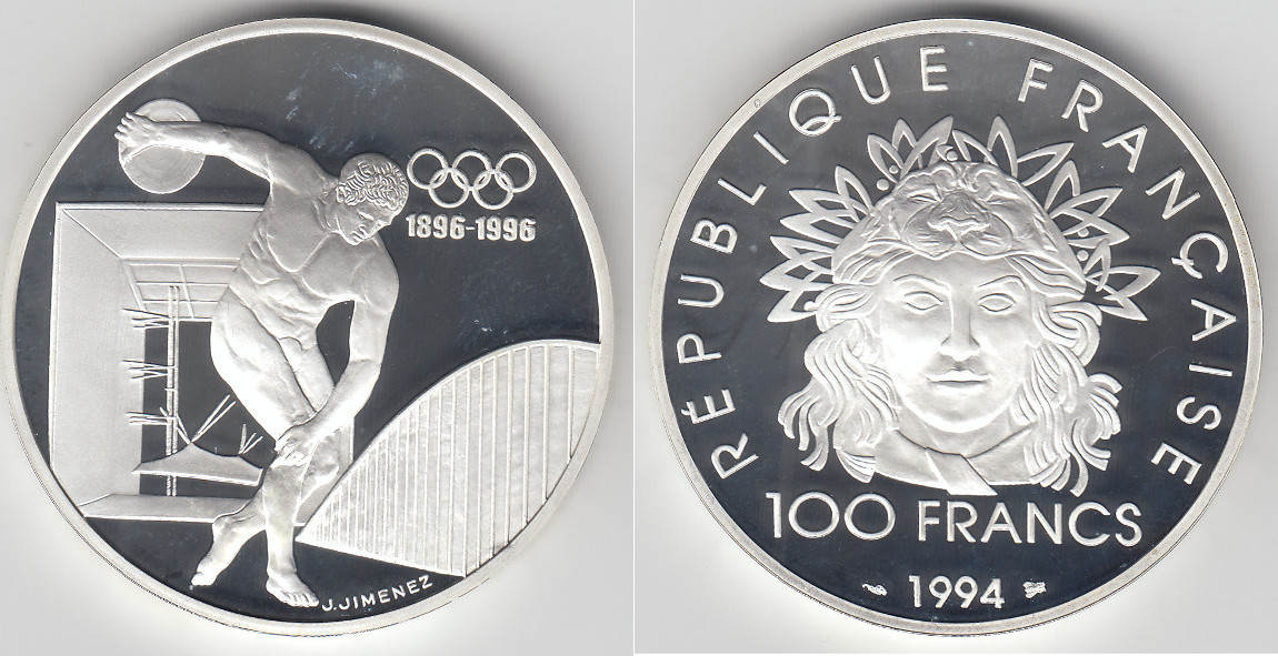 Frankreich 1994 france 100 francs silver coin olymics 1996 - discus ...