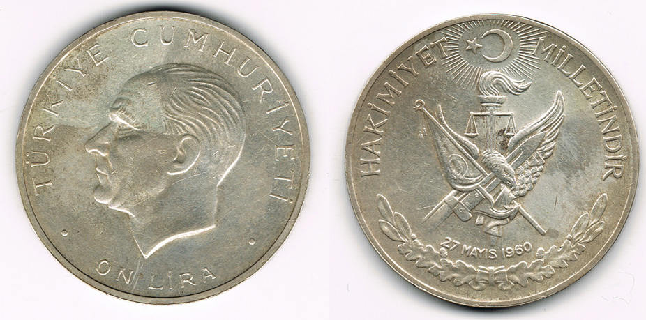 Türkei turkey silver coin, 10 lira 1960, atatürk, 27th may