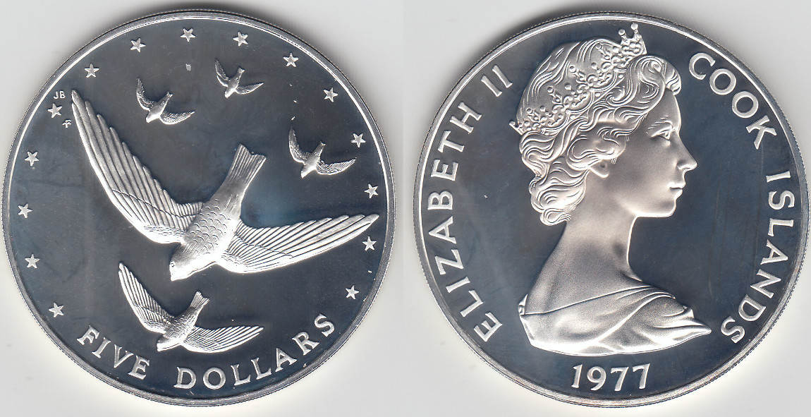 Серебряная монета какая. 5 Долларов острова Кука серебро монета. Острова Кука 1 доллар, 1977. Cook Islands монета. Серебряная монета с птицей.