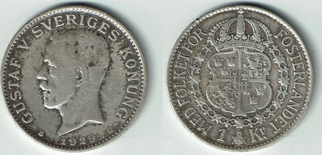 Schweden 1929 sweden silver coin 1924, 1 krona, Gustaf V., like scan ...