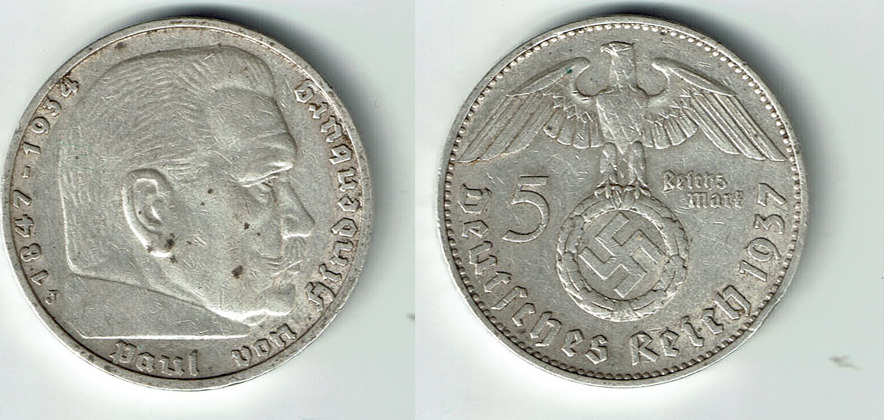 Drittes Reich, 5 Reichsmark 1937 J, Hindenburg mit HK, 13,89