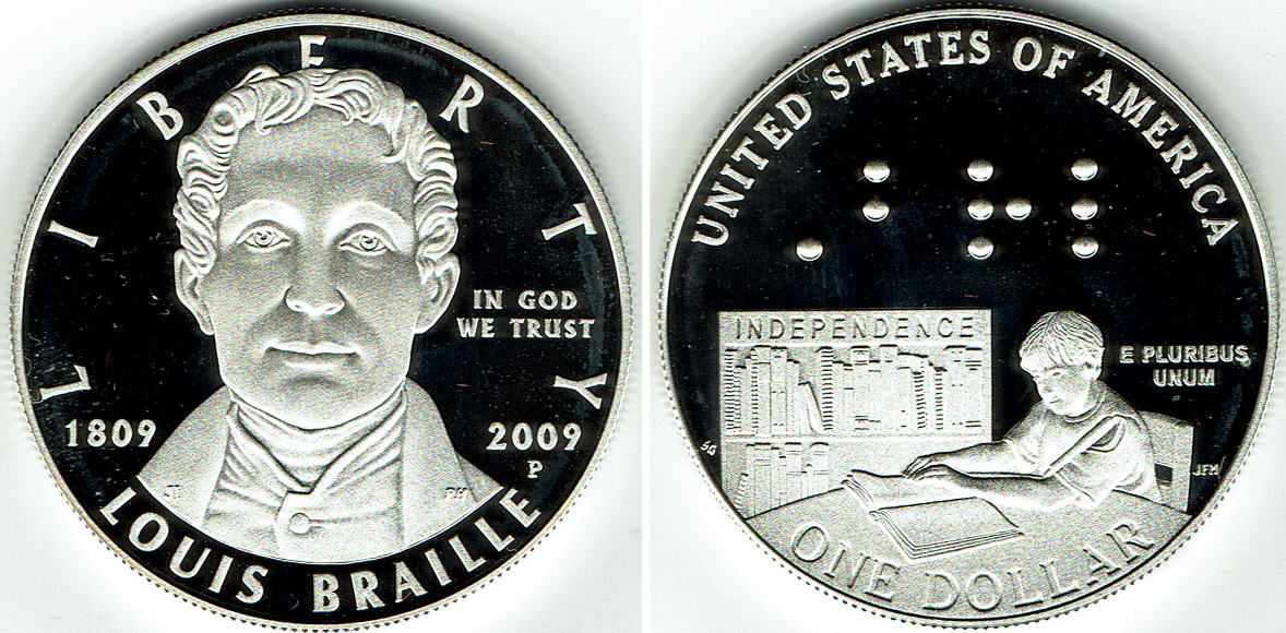2009 LOUIS BRAILLE BICENTENNIAL PROOF SILVER DOLLAR COIN WITH BOX AND COA