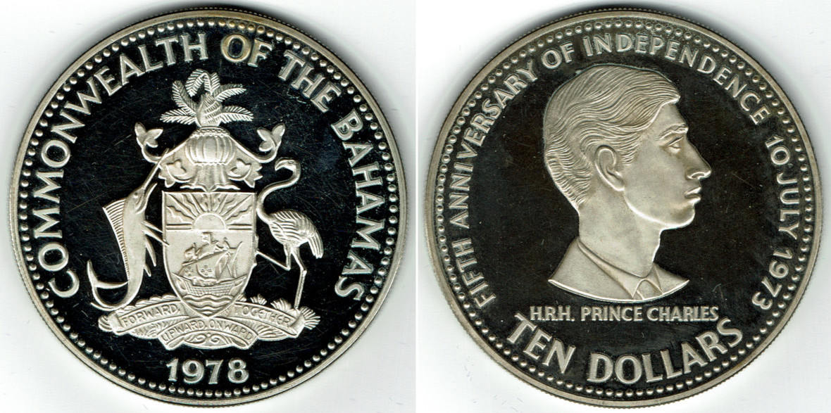 Bahamas, silver coin 10 Dollars 1978 Prince Charles, siehe scan
