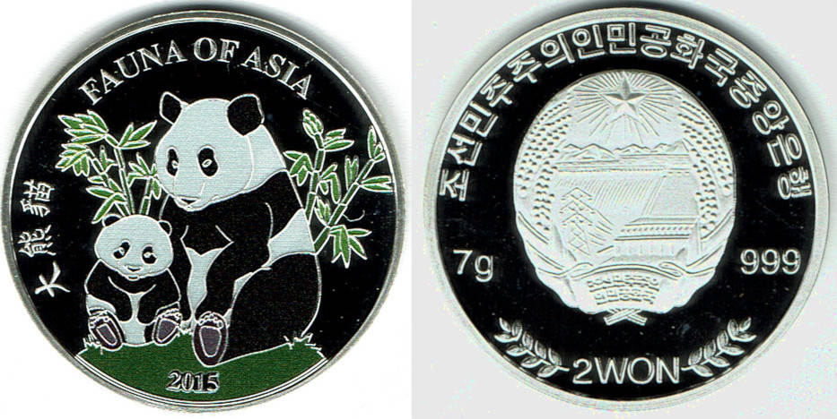 Nord Korea Korea North 2 Won silver coin 2015 panda Proof coloured capsule like scan Proof Coloriert