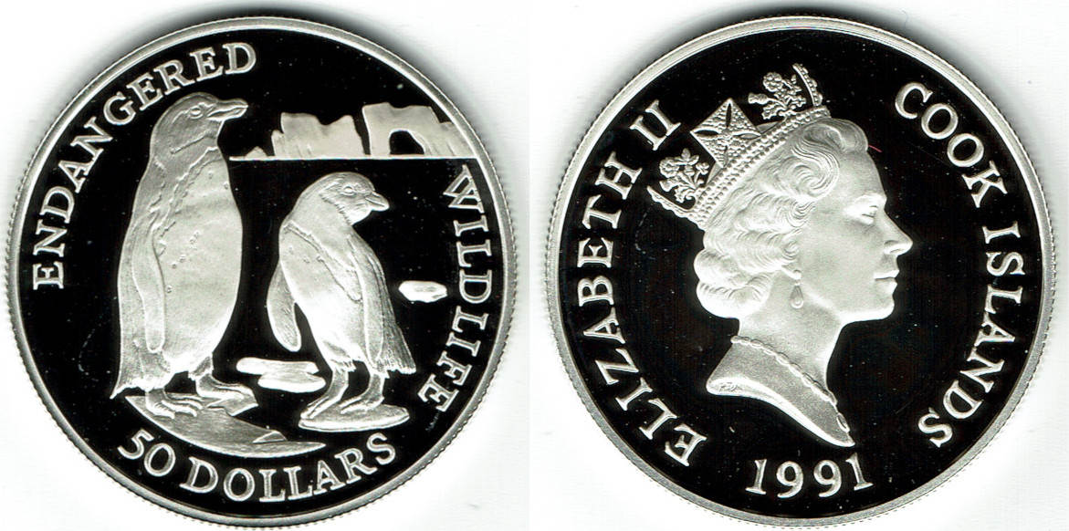 1991 cook islands, 50 dollars silver, endangered wildlife