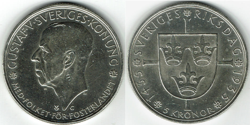 5 Kronor 1935 Schweden Sweden Silver Coin 50th 5 Kronor 1935 Schweden Sweden Silver Coin 50th Anniversary Of Riksdag Vf Ef Kratzer Am Hals Ma S