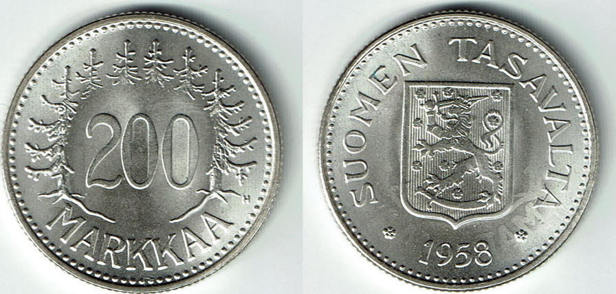 Finnland 200 Markkaa finland silver coin 1958 H, 200 Markaa, like Scan ...