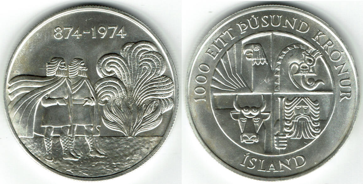 Island 1000 Kronen Iceland silver coin 1974, 