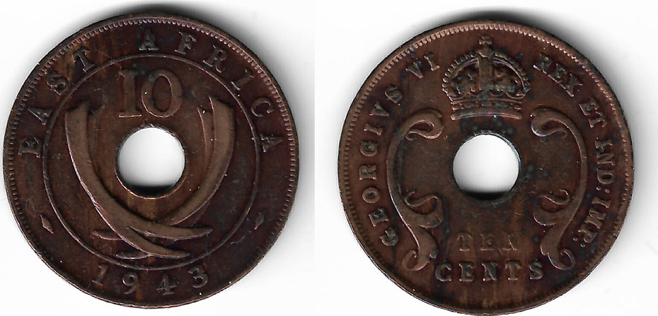 Britisch-Ostafrika british east africa, 10 Cents 1943, george VI., lion