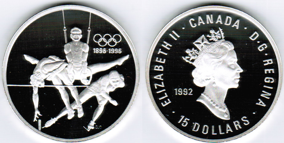 カナダ 1992年 オリンピック記念 15ドル銀貨 1896-1996 Kanada 15 Dollars 1992 Canada silver coin, 