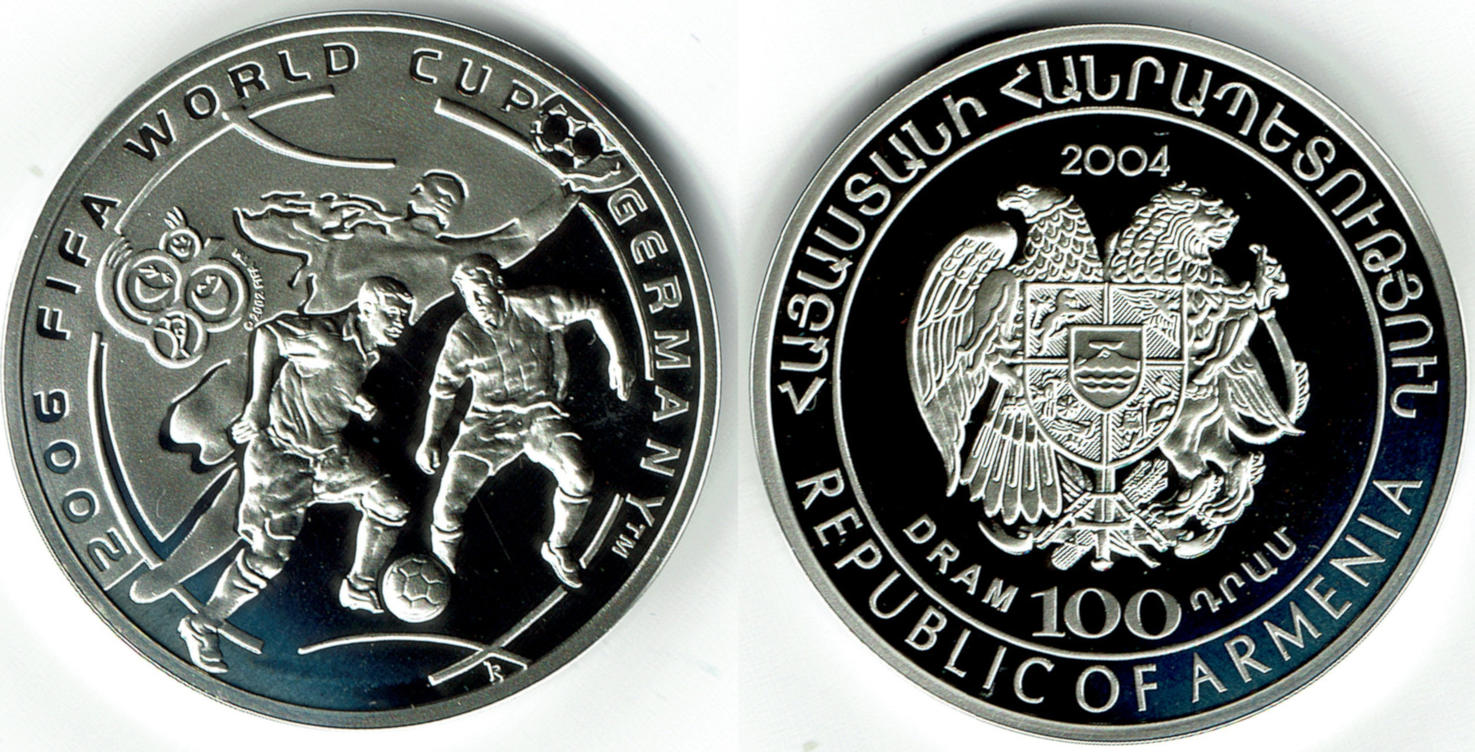 Armenien 100 Dram 2004 Armenia, silver coin FIFA soccer world cup ...