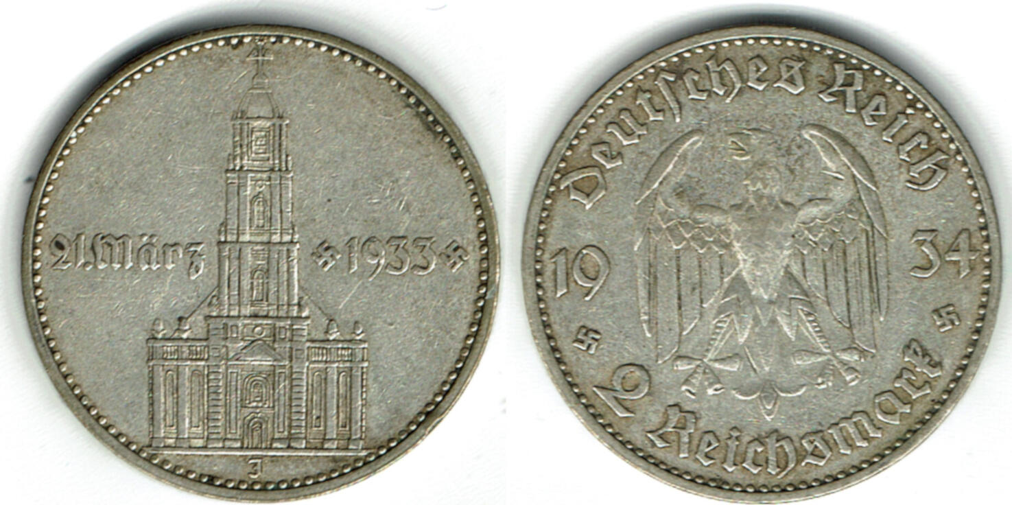 1934 J Drittes Reich, 2 Reichsmark Garnisonskirche mit Datum 21. März ...