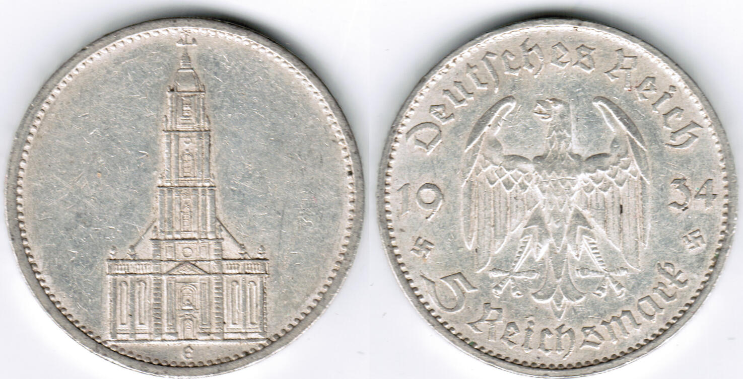 1934 E Drittes Reich, 5 Reichsmark Garnisonskirche ohne Datum, 13,89 g ...