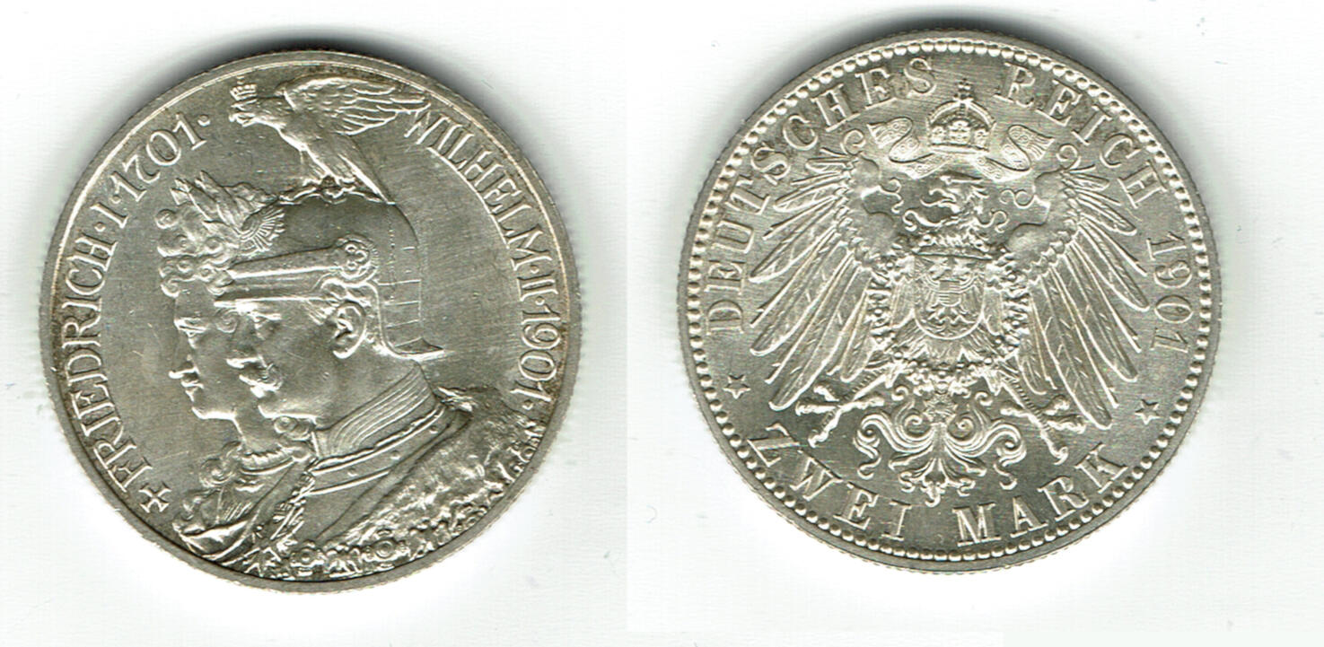 Preußen 2 Mark 1901, Wilhelm II. und Friedrich I., 200 Jahre Königreich ...