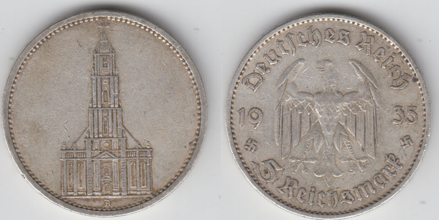 1935 A Drittes Reich, 5 Reichsmark Garnisonskirche ohne Datum, 13,89 g ...