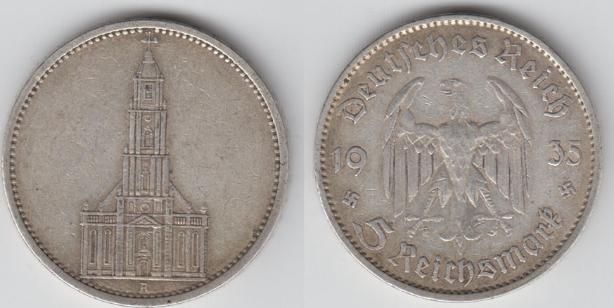 1935 A Drittes Reich, 5 Reichsmark Garnisonskirche ohne Datum, 13,89 g ...