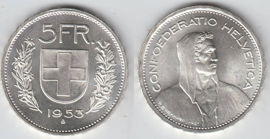 Schweiz Switzerland, Silver Coin, 5 Franken 1953 B, Like Scan UNC | MA ...