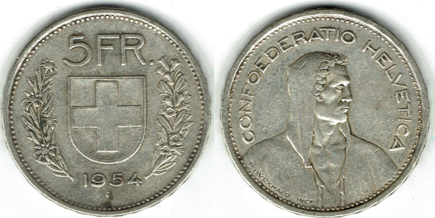 Schweiz Switzerland, Silver Coin, 5 Franken 1954, Like Scan VF | MA-Shops