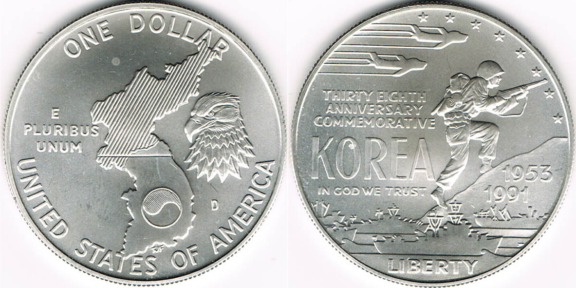 1 Dollar USA silver coin Korean war 1991. With box COA BU