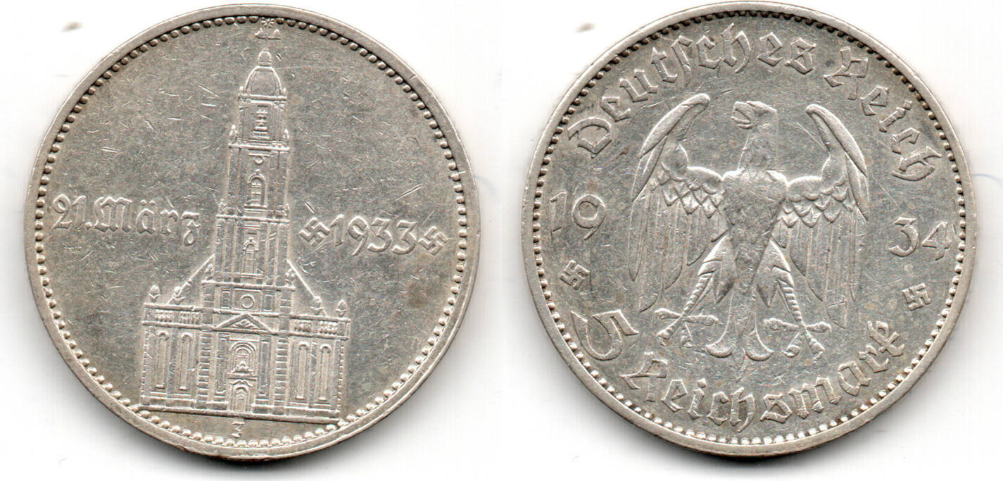 Drittes Reich, 5 Reichsmark 1934 J, Garnisonskirche Potsdam mit Datum ...