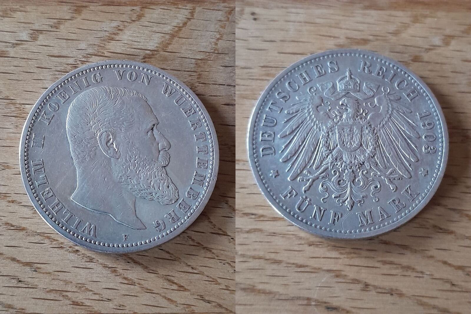 5 Mark Kaiserreich, Württemberg 1903 F, Wilhelm II., Erhaltung siehe