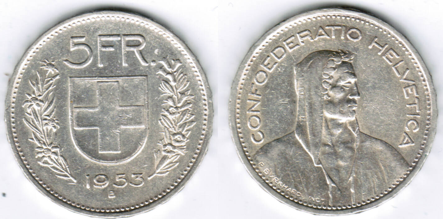 Schweiz Switzerland, Silver Coin, 5 Franken 1953, Like Scan VF | MA-Shops