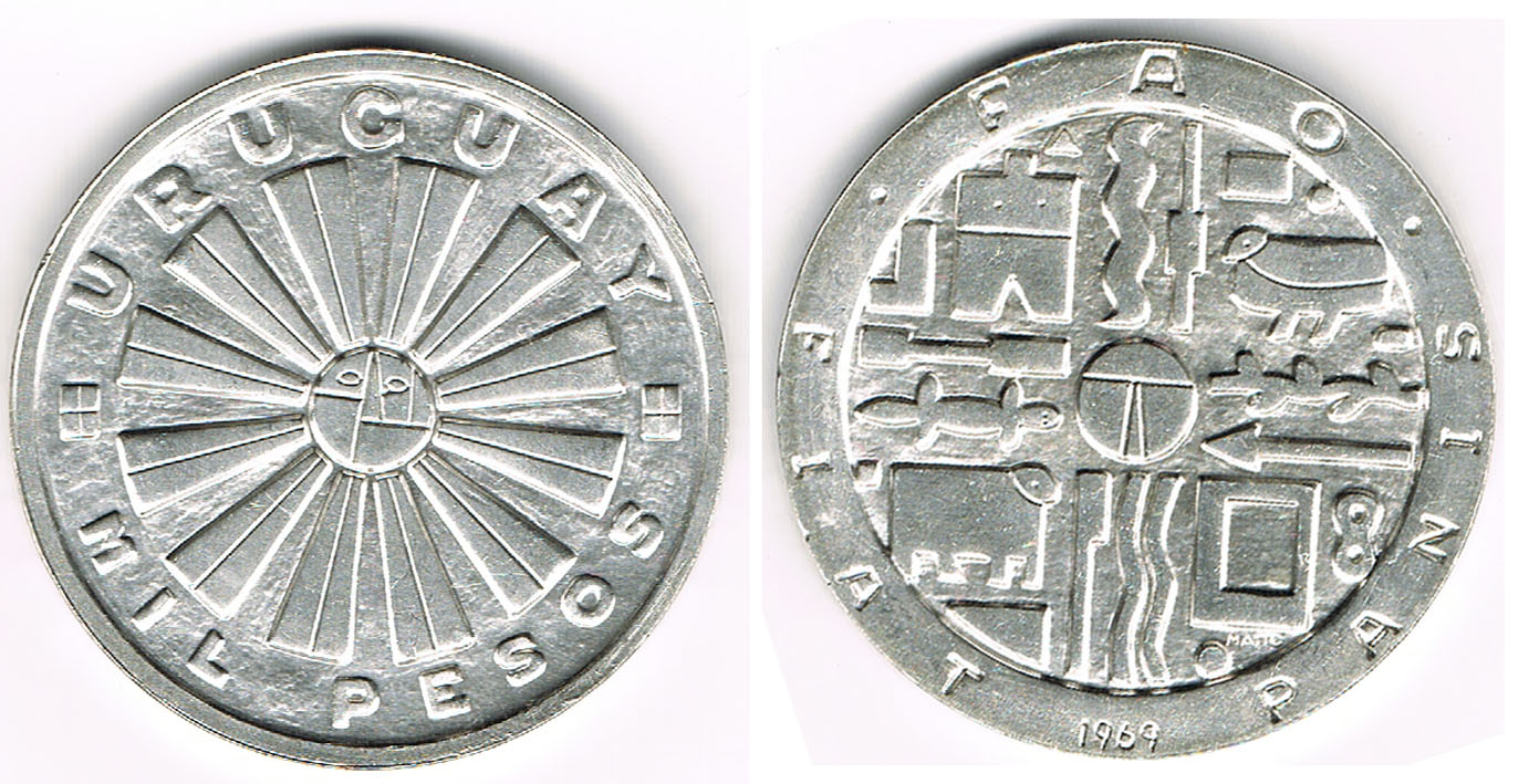 Silver coin FAO - Fioat panis, Uruguay 1969, 1000 Pesos