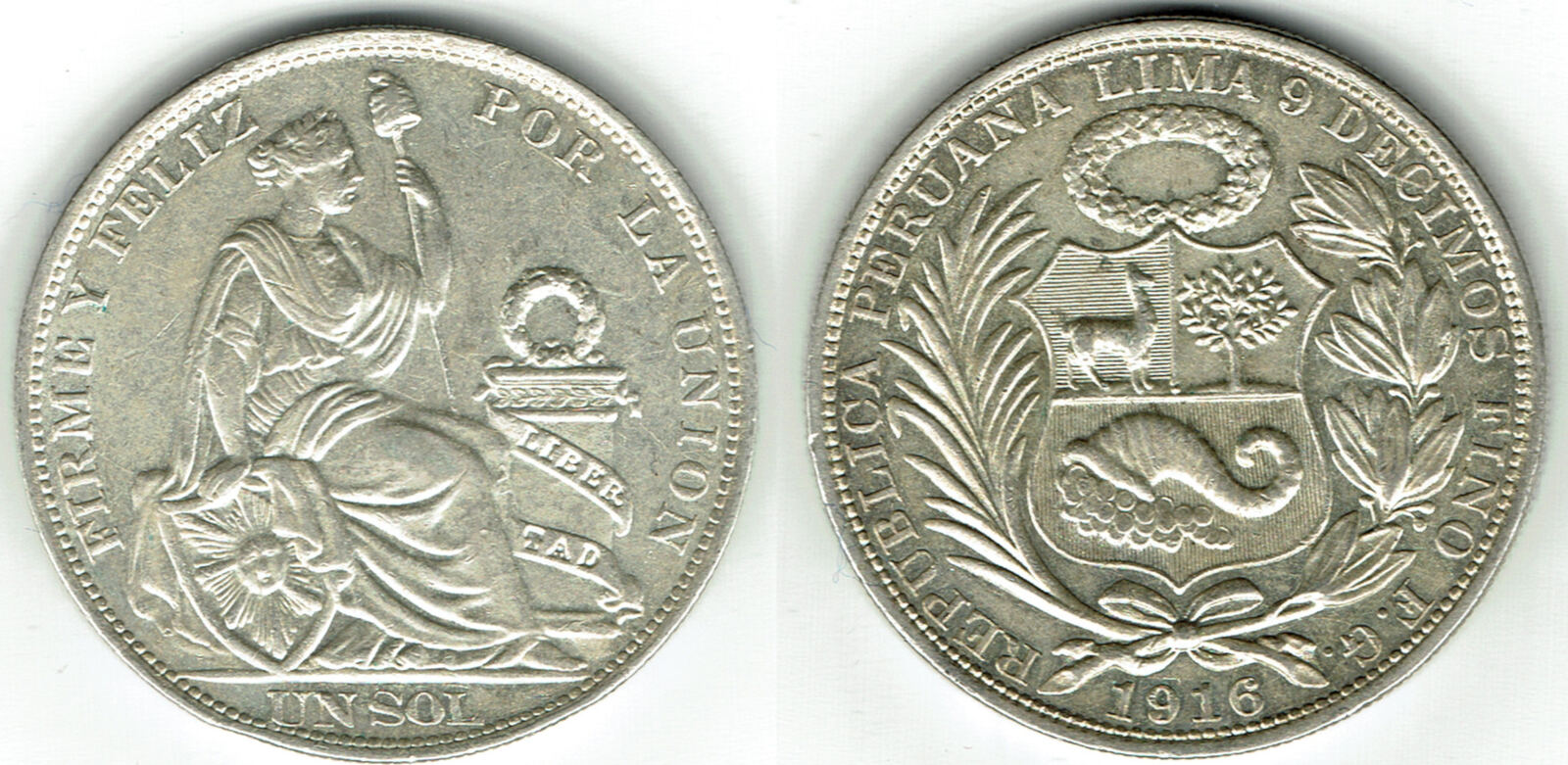 1916 peru 1 Sol silver "Seated Liberty flanked by shield + column
