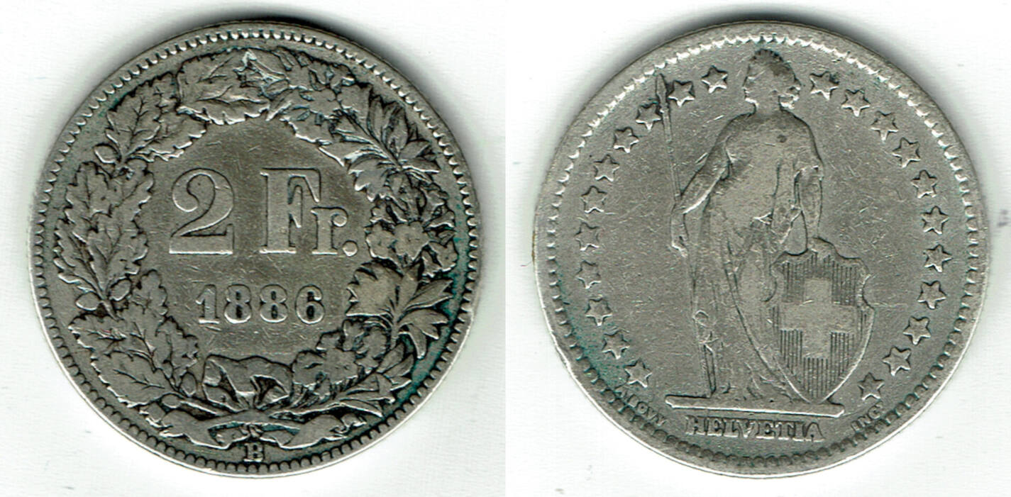 Schweiz Switzerland, silver coin, 2 Franken 1886, like scan VF-EF | MA