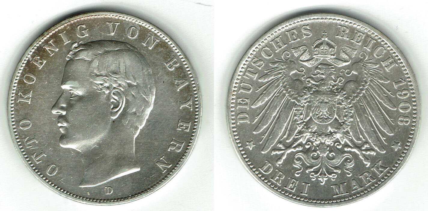 Kaiserreich, Bayern 3 Mark 1908 D, König Otto, Erhaltung siehe Scan VF