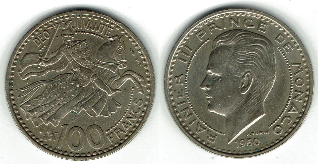 Monaco 100 Francs 1950, Rainier III. Prinz von Monaco, siehe Scan VF