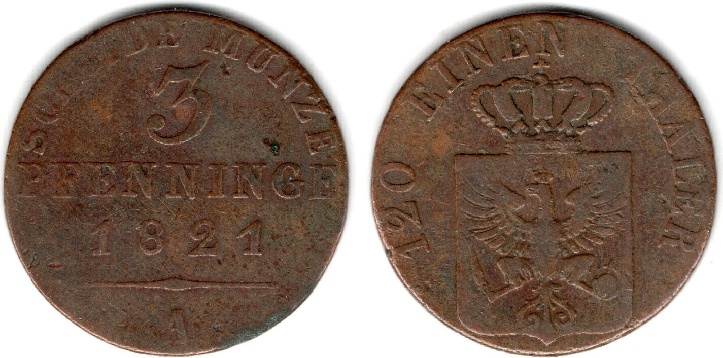 Preußen 3 Pfennig prussia, Friedrich Wilhelm III., 3 Pfenning 1821 A