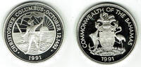 Bahamas 5 Dollars Bahamas, silver coin "discovery of the new world - columbus", like scan -