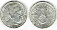 Drittes Reich 5 Reichsmark Drittes Reich, 5 Reichsmark 1936 F, Hindenburg mit HK, 13,89 g 900er Silber! -