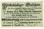 Deutsches Reich - Wertbeständiges Notgeld 50 Dollarpfennig - 0,119 Nordamerikanische Dollar Neckersulm, Firma Gebüder Spohn G.m.b.H., 28. November 1923, Gutschein, -
