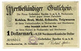 Deutsches Reich - Wertbeständiges Notgeld 1 Dollarmark - 0,238 Nordamerikanische Dollar Neckersulm, Firma Gebüder Spohn G.m.b.H., 28. November 1923, Gutschein, -