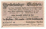 Deutsches Reich - Wertbeständiges Notgeld 2,94 Goldmark - 7/10 Dollar = 70 cents Ittenbeuren/Ravensburg, Firma Gebüder Spohn G.m.b.H. , 20. November 1923 -