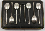 London / England 1915 - 1933 ? 6 Silberlöffel / Espressolöffel / Mokkalöffel mit Zuckerzange im Etui 2