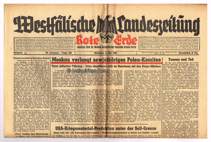 Drittes Reich / Westfalen 5.5.1943 Westfälische Landeszeitung Rote Erde ...