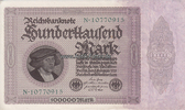 Deutsches Reich 100000 Mark Ro.82.a / Reichsdruck / KN 8stellig / Serie N -