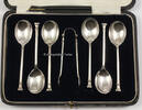  1915 - 1933 ? London / England 6 Silberlöffel / Espressolöffel / Mokkalöffel mit Zuckerzange im  Etui 2