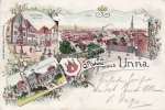 1899 Litho/Gruss aus Unna./Marktplatz. Denkmal./Total./Badehaus-Königsborn. 2-3
