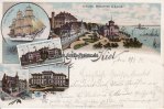 Kiel Litho/Gruss aus Kiel/Schloss, Seegarten & Hafen./Gneisenau/Marineakademie/... -